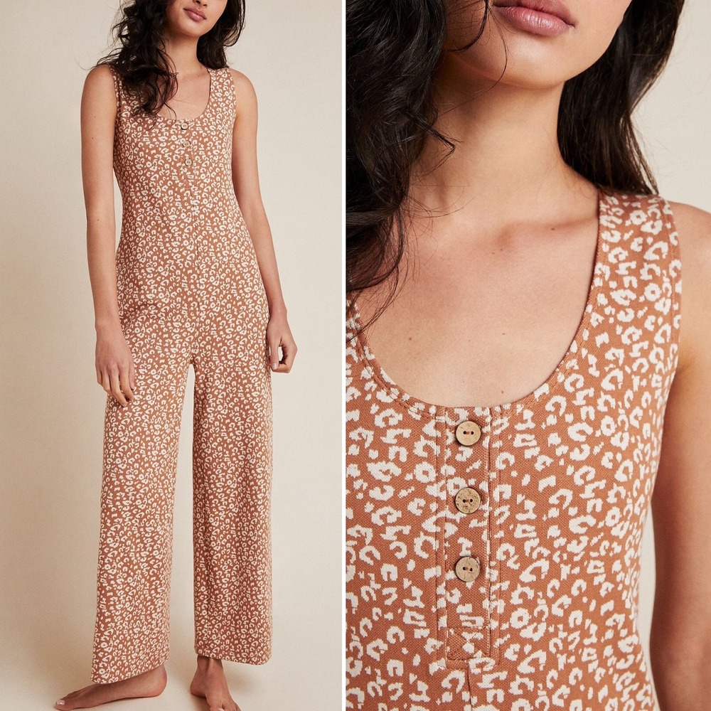 Anthropologie Saturday Sunday Leopard Print Cotton Wide Leg Jumpsuit Size Small